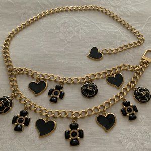 Vintage St. John gold chain belt with Maltese crosses, black hearts and rosettes